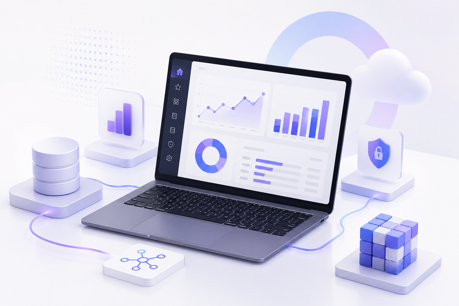 Enterprise Power BI implementation processes and dashboards shown on desktop monitor